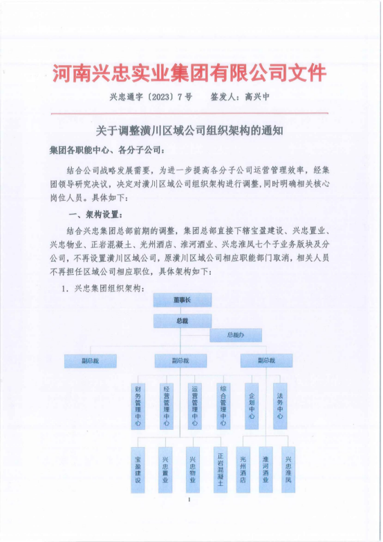 關于調整潢川區(qū)域公司組織架構的通知